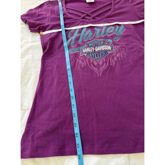 Harley-Davidson Purple Short Sleeve Criss Cross Neckline Logo V Neck T Shirt M - Picture 6 of 6